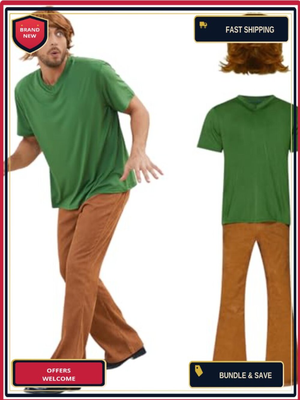 Adult Halloween Costume Green V-Neck Shirt Brown Pants Cosplay Outfit